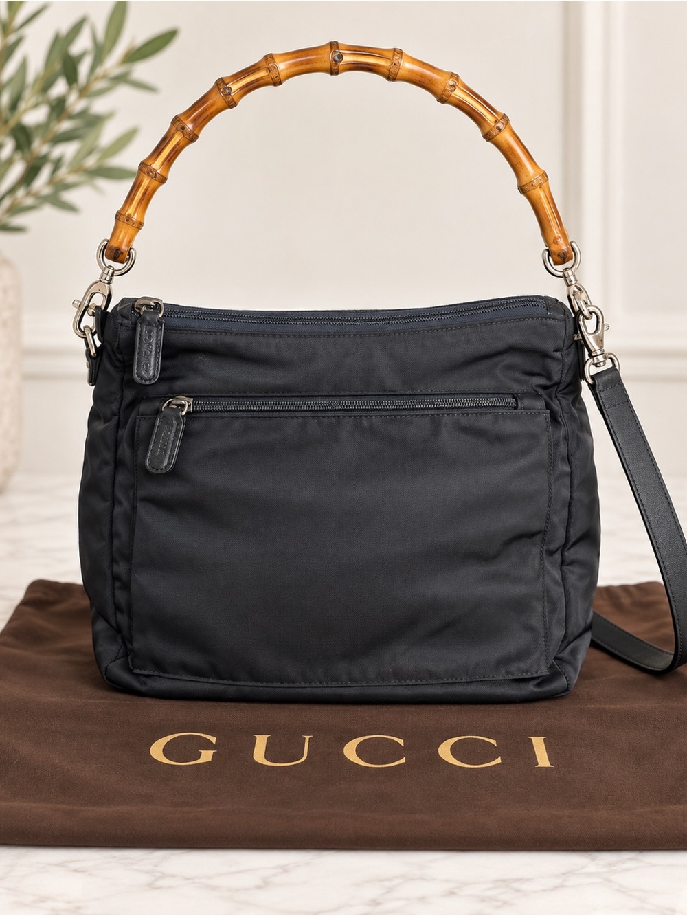 Gucci Black Shoulder Bag with Bamboo Top Handle with COA